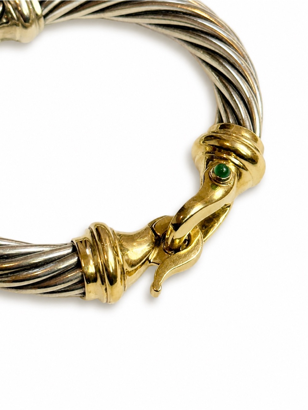 David Yurman Two-Tone Silver and Gold Twisted Cable Bracelet with Green Accent - Picture 2 of 10